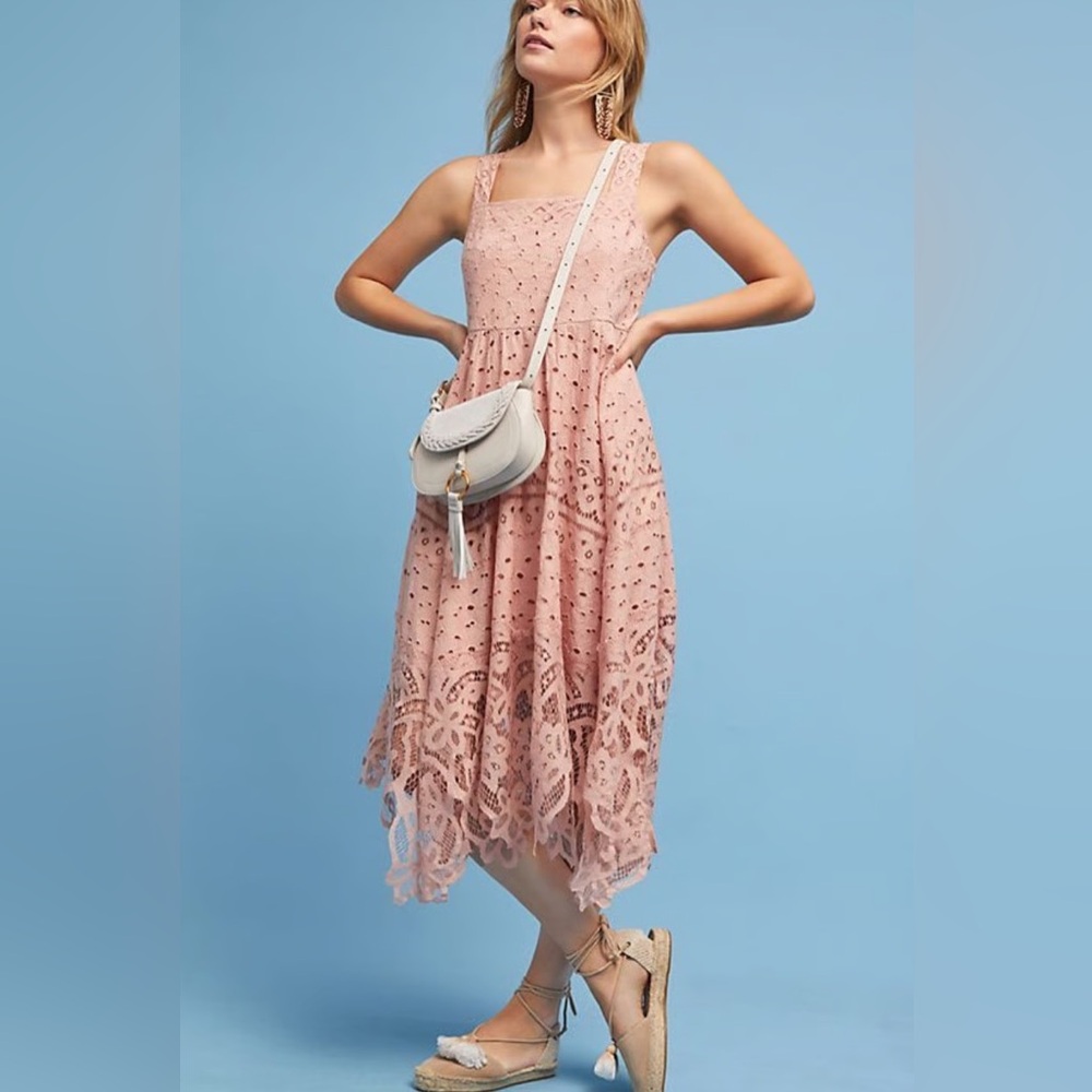 Maeve Anthropologie Aiza Pink Embroidered Lace Midi Cotton Dress Size 0